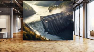 Aerial view of Hydroelectric power dam on a river and mountains Wall mural