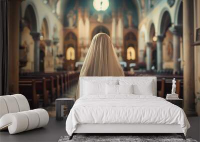 Back view of nun in church created. Wall mural