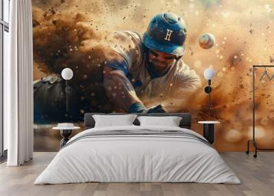 Baseball player sliding into home base. Wall mural