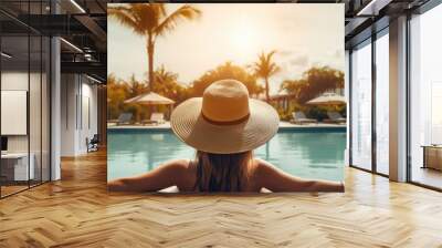 Beautiful girl wearing swimming suit and straw hat relaxing in pool at luxury resort. Summer vacation concept. Wall mural