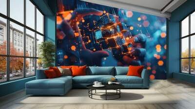 Businessman building and connecting blocks to build a structure in the style of digital space with technology, representing growth through business development concept. Business technology concept. Wall mural