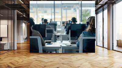 Call center workers with headsets sitting at desks and working on computers in a office space. Wall mural