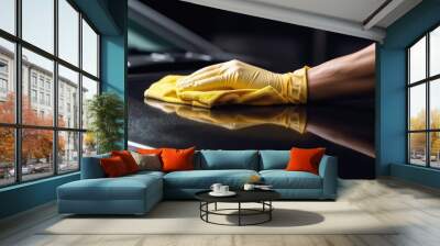 Close up hand of mechanic cleaning car engine with microfiber cloth. Auto detailing professional service. Wall mural