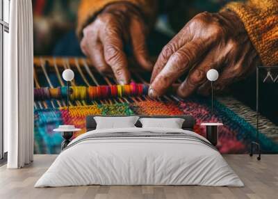 Close up of Artisan hands carefully weaving a colorful tapestry on a traditional loom, vibrant threads intertwining to create a detailed pattern, soft natural light enhancing textures. Wall mural