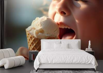 Close up of child boy eating ice cream. Summer time concept. Wall mural