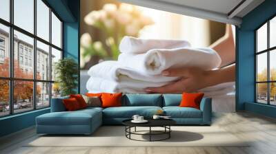 Close-up of Hand professional chambermaid putting stack of fresh towels in hotel room Wall mural