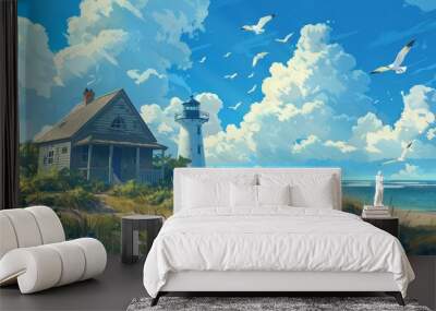 Coastal minimal cute house with a lighthouse nearby on sandy beach, and seagulls in the sky, Digital painting, Anime style. Wall mural