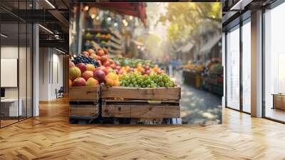 Colorful array of fresh organic fruits on street market. Vibrant mix of ripe fruits for health. Farmers market delight. Wall mural