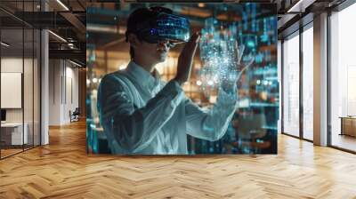 Computer science engineer wearing VR glasses working with 3D model hologram visualization. Wall mural