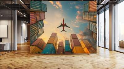 Container yard with cargo plane flying in the sky. Concept of Cross-Border e-commerce container enabling businesses to expand internationally and reach global markets. Wall mural