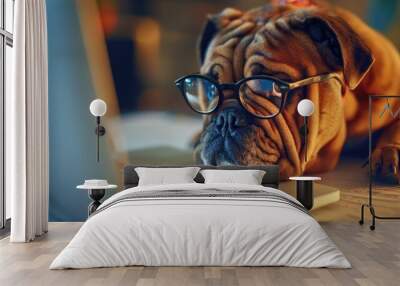 cute dog wearing glasses using computer at home. Wall mural