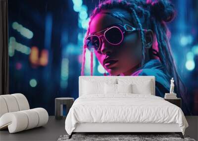 Cyberpunk woman portrait futuristic technology, Metaverse concept. Wall mural