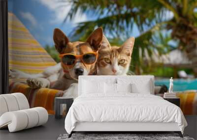 Dog and cat vacation with sunglasses lazy relax funny summer beach chair. Wall mural