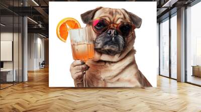 Drunk dog wearing glasses holding and drinking a cocktail on transparent background. Wall mural