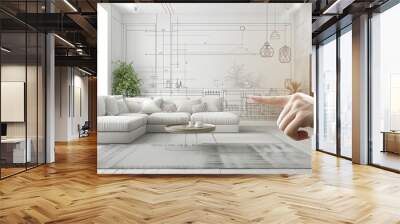 Hand pointing at home interior design drawing and photo-realistic painting of white living room, Sketch design and drawing, Combination of photo and sketch. Wall mural