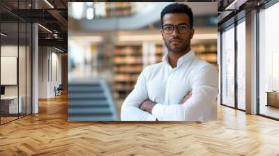 Handsome male teacher in a shirt and glasses standing with his arms crossed at a modern university library. Wall mural