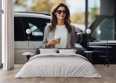 Happy attractive businesswoman wearing eyeglasses holding coffee cup and standing at front her car. Wall mural