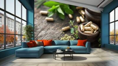 Herbal medicine in capsules from herb leaf on wooden table, Healthy eating with natural product for good living. Healthy concept. Wall mural