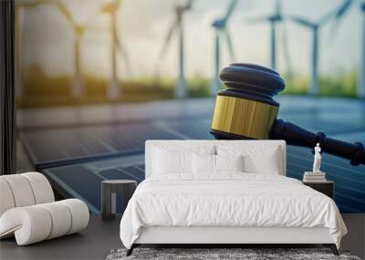 Image shows a gavel resting on solar panels, with wind turbines in the background, symbolizing the intersection of law and renewable energy. Wall mural