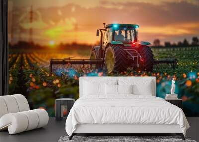 Integration of IoT in farming, highlighting precision agriculture and smart farming technology, Agri-tech innovations, smart farming, agriculture in industry. Wall mural