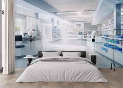 Interior of empty modern pharmacy, Pharmacy shop background. Wall mural