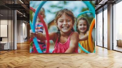 Joyful moment of children playing with hula hoops outdoors with friends. Wall mural