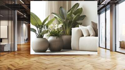 Large plants in vases arranged on the floor next to a sofa. modern home decor with elegant greenery and soft lighting. Living room, Domestic life, Relax, Safe zone. Wall mural