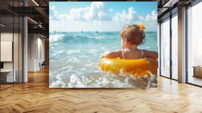 Little child girl in swimwear with swim ring playing in sea water at tropical beach on summer sunny day. Activity lifestyle concept. Wall mural