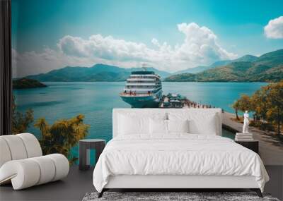 Majestic sea cruise ship docked at a tropical island, with vacationers boarding for an exotic journey under clear blue skies, luxury travel concept. Wall mural