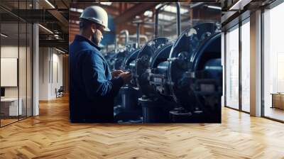 Male worker at water supply station inspects water pump valves equipment in at a large industrial estate. Water pipes. Industrial plumbing. Wall mural