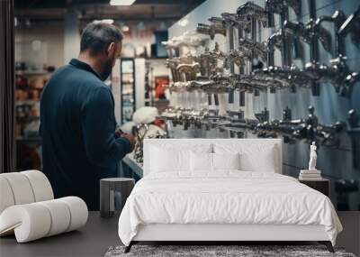 Man chooses a products in a sanitary ware store of water faucets. Wall mural