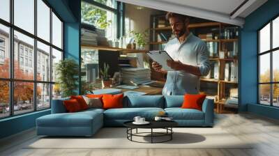 Man in a modern office, standing by a desk, holding a clipboard, reviewing notes, clean and organized workspace, natural light filling the room. Wall mural