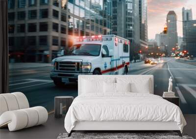 Motion blur medical ambulance vehicle speeding on the way for accident or health care emergency services concept. Wall mural