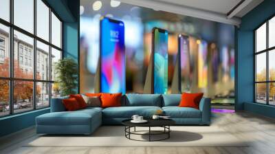 New smartphones on display in a modern store, Technology device, Grand opening. Wall mural