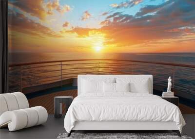 Panoramic view of cruise deck with the sea during beautiful sunset just above the horizon. Summer cruise luxury vacation concept. Wall mural