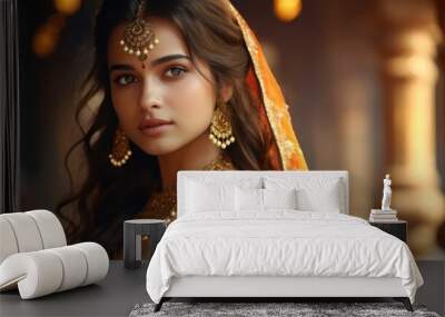 Portrait of beautiful indian girl in traditional Indian costume with kundan jewelry. Wall mural