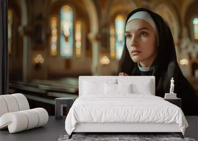 Portrait of beautiful nun in church created. Wall mural