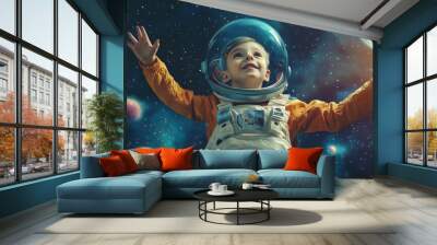 Portrait of child acting as an intergalactic tour guide, explaining space landmarks while floating in zero gravity. Wall mural