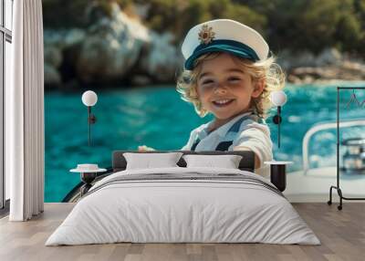 Portrait of child dressed as a luxury yacht captain, steering a grand yacht through crystal-clear waters, wearing a captain hat. Wall mural