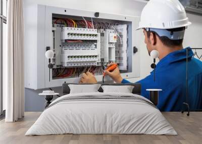 Professional electrician man works in a switchboard with an electrical connecting cable, Electrician repairing Wall mural