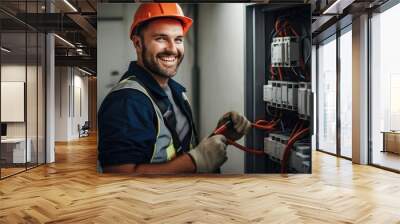 professional electrician man works in a switchboard with an electrical connecting cable, electrician Wall mural