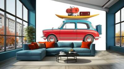 Retro car with luggage and beach equipment on transparent background. Summer vacation concept. Wall mural