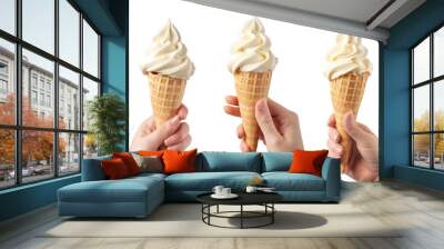 Set of Hands holding ice cream cone on transparent background. Wall mural