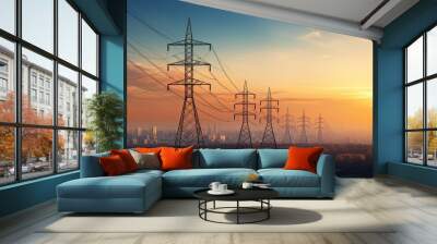 Silhouette of High voltage electric tower on sunset time background Wall mural