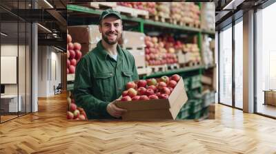 Smiling worker holding crate full of red delicious apples in organic food factory warehouse. Food industry concept. Wall mural