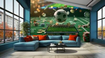 Soccer ball on phone screen with gold coins and scattered money. Concept of gambling or sports lotto, Online casino. Wall mural