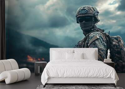 Soldier special forces perform a mission with team. Military concept of the future. Wall mural