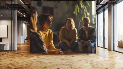 Support group patients comforting person at therapy session, diverse individuals sharing and listening, community healing. Wall mural