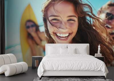 Surfing, portrait of a young woman surfer with a surfboard standing on the seashore, sea and ocean for summer holiday, travel adventure or hobby. Wall mural