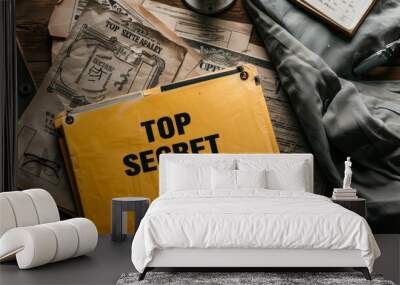 Top secret documents, Close-up yellow file with documents and Top Secret stamp on the table. Wall mural